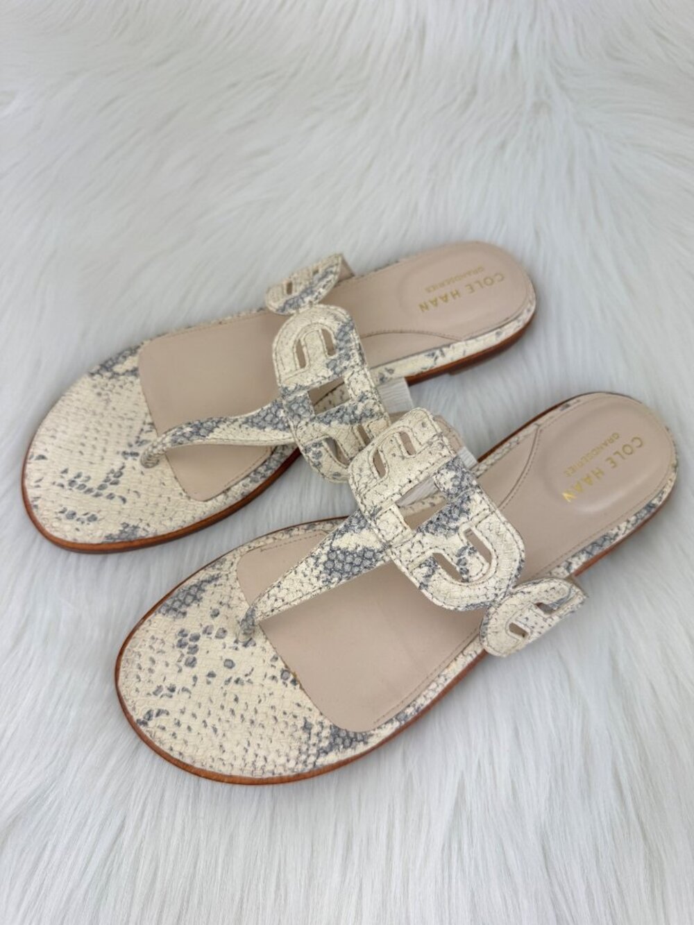 Women's Cole Haan GrandSeries Thong Sandals Leather Snake Print 8B Beige Gray
